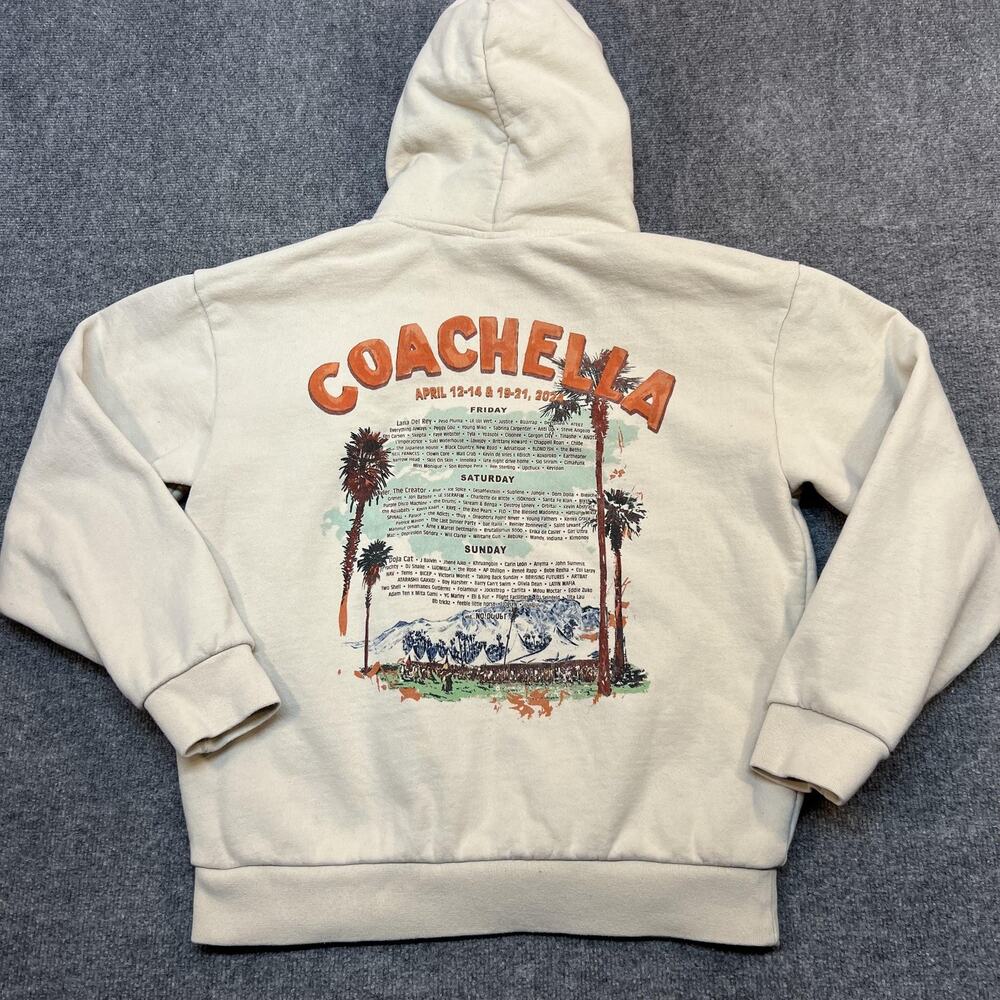 Coachella Hoodie Mens Medium Beige Fleece Pullover Festival Graphic Sweatshirt